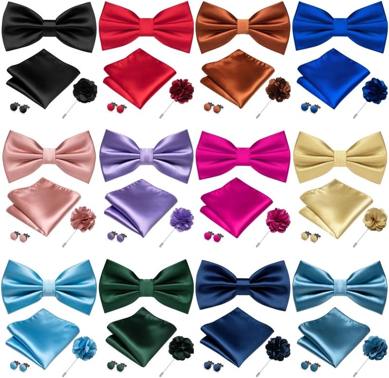 RBOCOTT Solid Color Bow Tie and Pocket Square with Lapel Pin Cufflinks Set 4PCS - Image 4